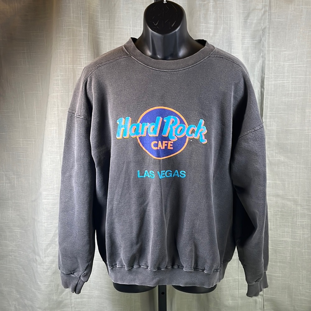Hard Rock Cafe Las Vegas Faded Black Vintage Distressed Sweatshirt | Unisex XL